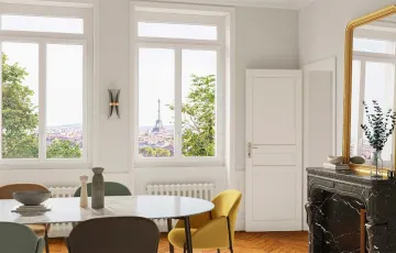 Fenêtres PVC blanches dans pièce lumineuse, grandes ouvertures apportant clarté et vue sur l’extérieur